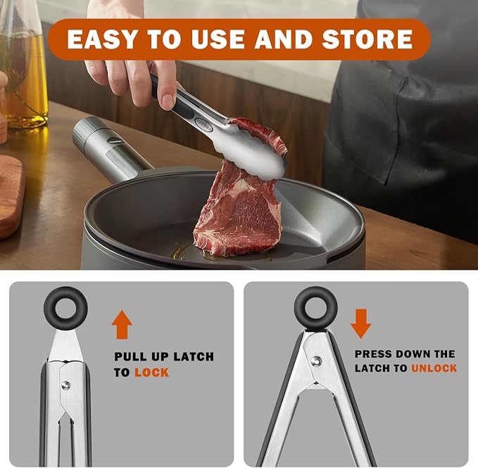 TACGEA Stainless Steel Kitchen Tongs, Silicone Non-slip Grip, Locking Grilling - Image 3