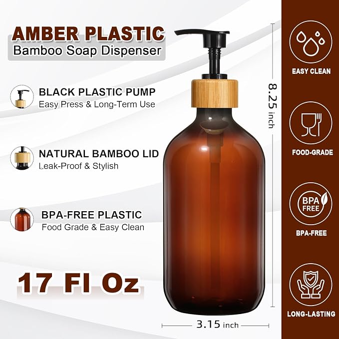 KASUNTING Amber Soap Dispenser Plastic, 17 Fl Oz Hand and Dish Dispenser Set - Image 3