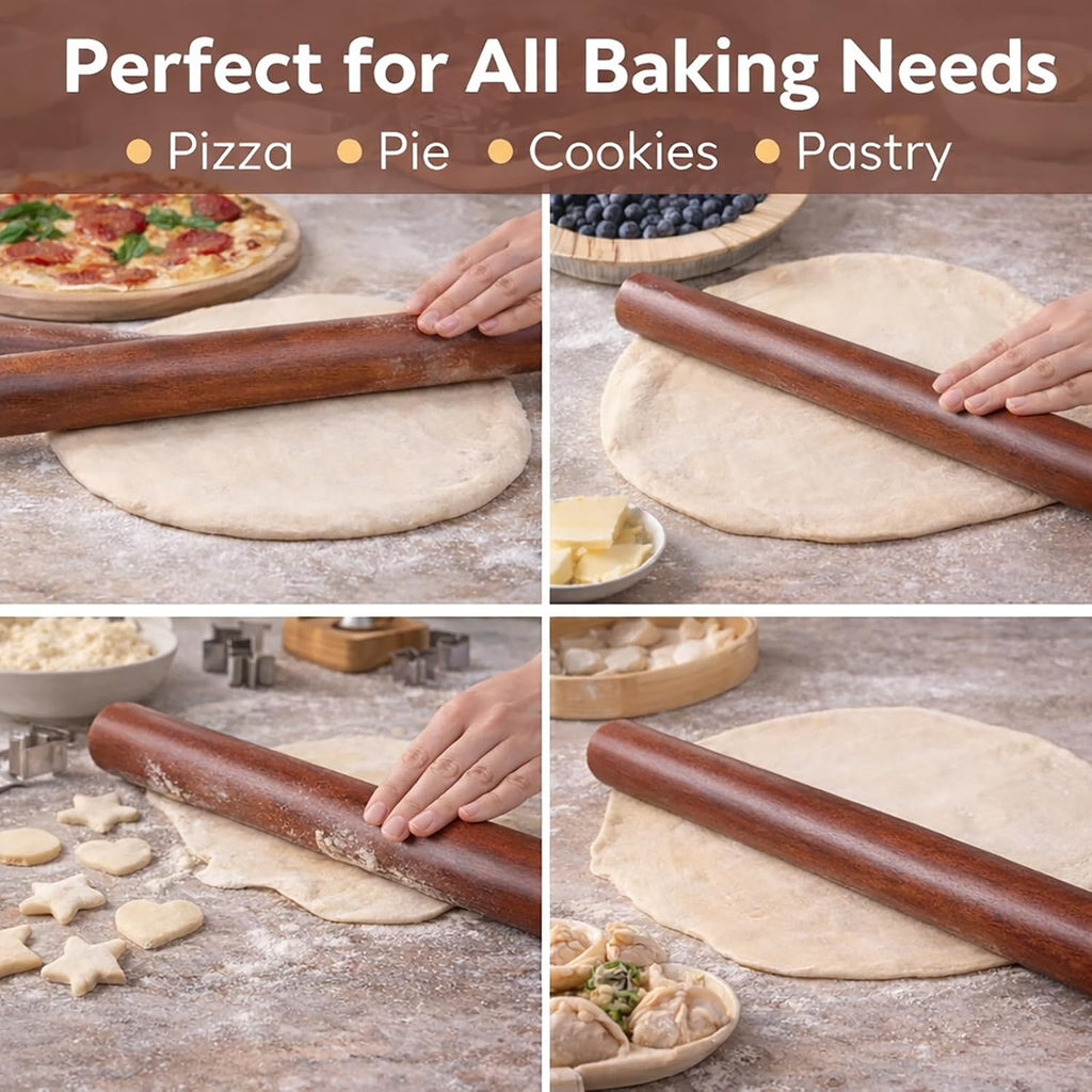 17 Inch French Rolling Pin, Wooden Dough Roller for Baking, Solid Wood