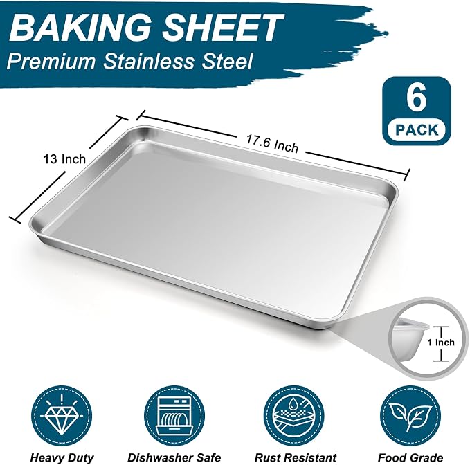 TeamFar Baking Sheet Pan, 6 Pack Stainless Steel Half Size Baking Pans Set - Image 2