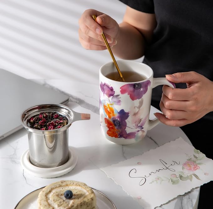 AmorArc Porcelain Tea Mug with Infuser and Lids, 18 Oz Large Cup Strainer with - Image 6
