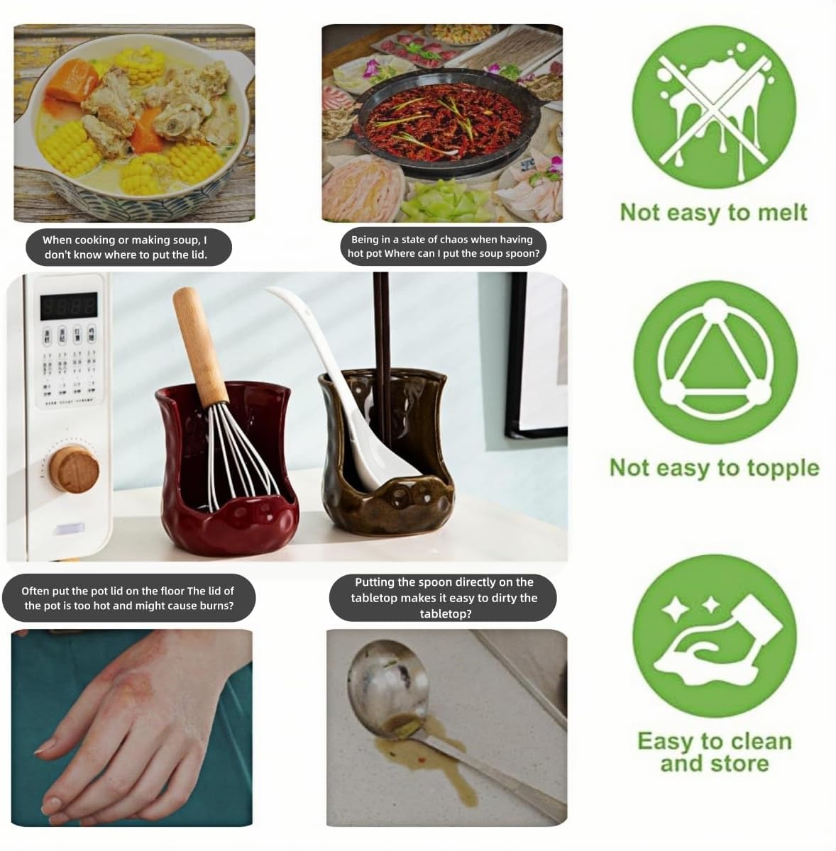 [HengYuhating] Ceramic Spoon Rest & Pot Lid Holder for Stove Top (Red)