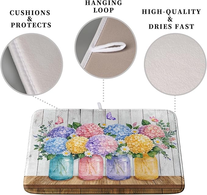 Hydrangea Dish Drying Mat for Kitchen Counter Spring Summer Floral Vases dish - Image 3