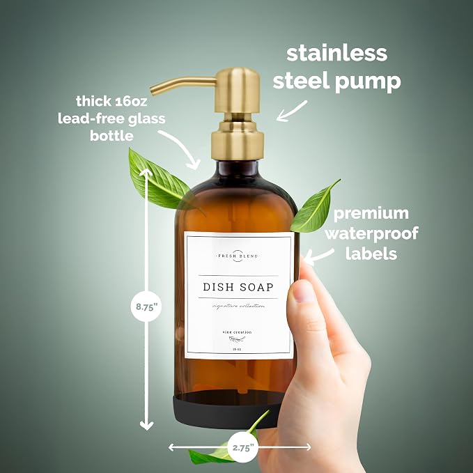 Vine Creations Amber Glass Soap Dispenser, 2 Pack Kitchen Soap Dispenser Set - Image 6