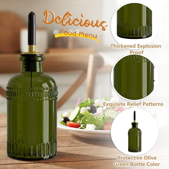 3 Pack Olive Oil Dispenser 7oz, Olive Green Glass Bottle - Image 3