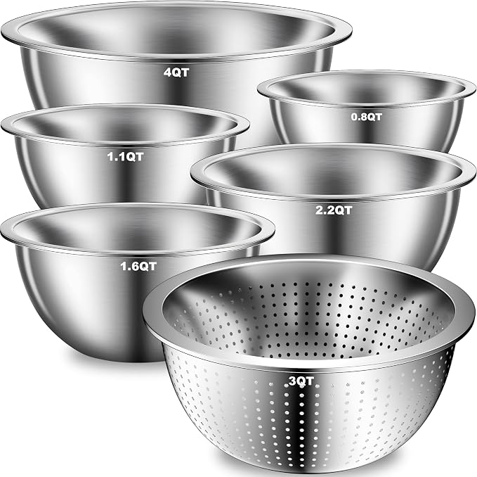DUTZUN Heavy-Duty Stainless Steel Mixing Bowls Set of 5 plus 3QT Colander by DUTZUN