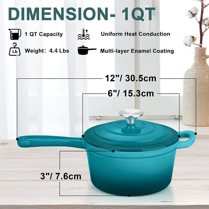1 Quart Cast Iron Saucepan, Leonyo Enameled Sauce Pan - Image 2