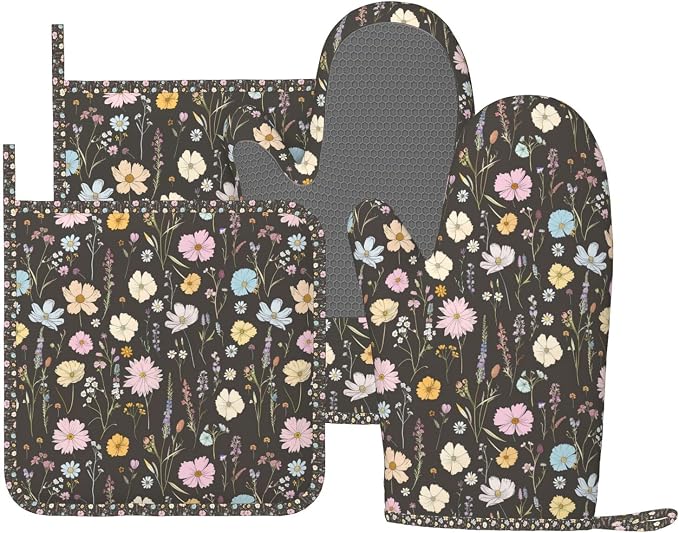 Oven Mitts and Pot Holders Set, Vintage Flower Botanical Leaf Silicone Kitchen by DADABULIU