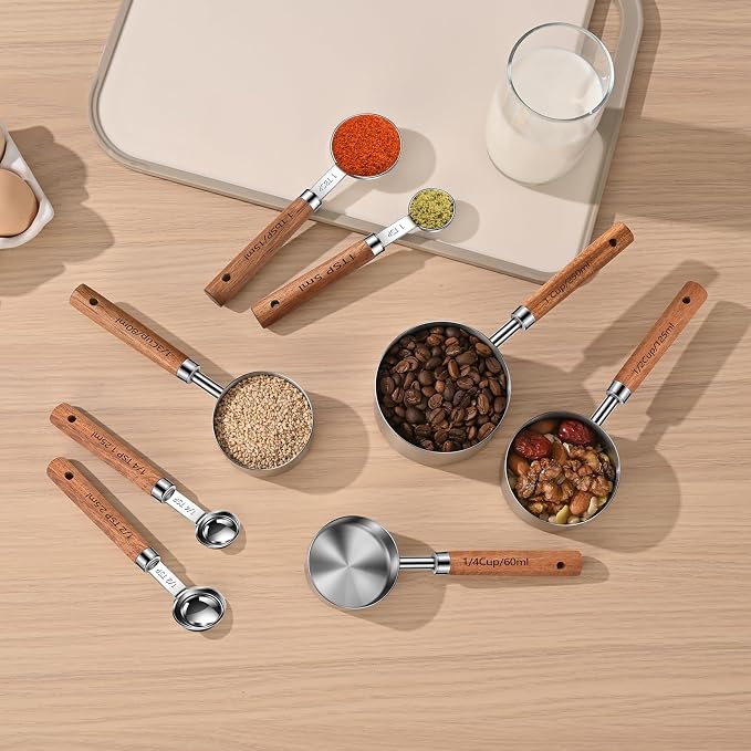 Stainless Steel Measuring Cups and Spoons Set of 8, Stackable Wooden Handle - Image 8