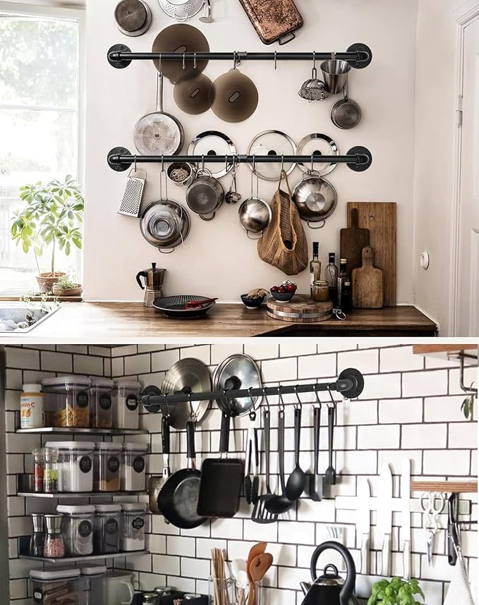 Industrail Pipe Pot Pan Rack, Wall mount Pot hangers Pan Haniging Rail Lid - Image 7