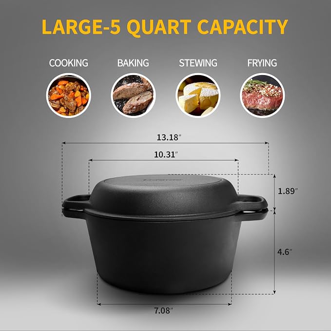 EDGING CASTING 2-in-1 Pre-Seasoned Cast Iron Dutch Oven Pot - Image 3