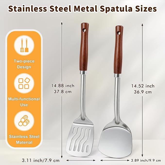 2 Pcs Stainless Steel Spatulas Set, Metal Spatula Solid & Slotted Turner - Image 6