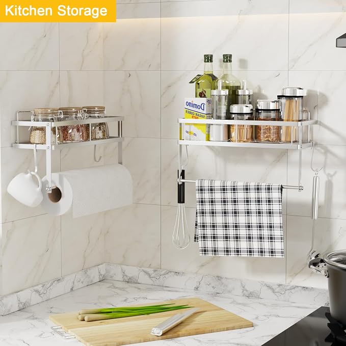 ESOW Paper Towel Holder with Shelf Storage, Adhesive Wall Mount 2-in-1 Basket - Image 2