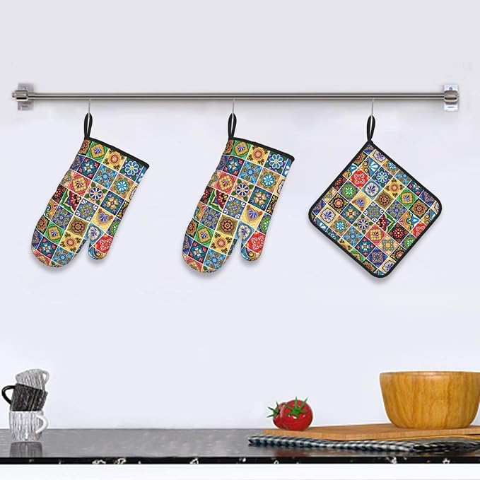 Mexican Talavera Tile Oven Mitts and Pot Holders Sets of 3, Heat Resistant - Image 2