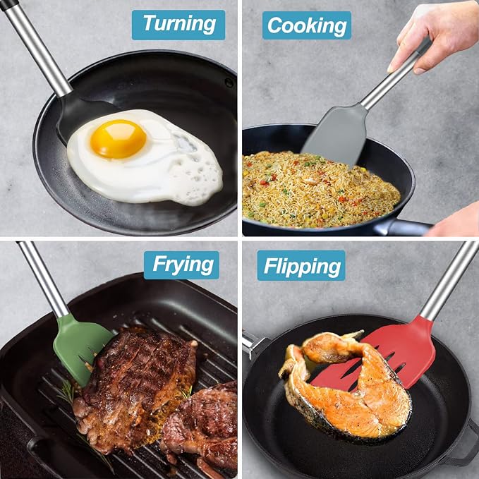 2 Pack Spatulas, Solid & Slotted Silicone Spatula Set, Stainless Steel Handle - Image 8