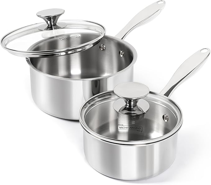 MICHELANGELO 1Qt & 2Qt Tri-ply Stainless Steel Saucepan Set, Small Cooking Pots by Michelangelo