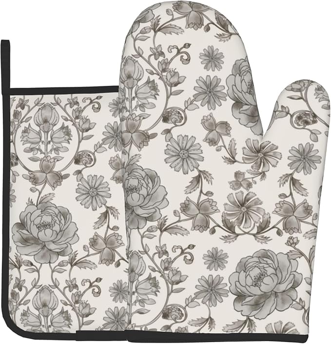 Vintage Flowers Oven Mitts and Pot Holders Sets Boho Kitchen Gloves White Grey by DZGlobal
