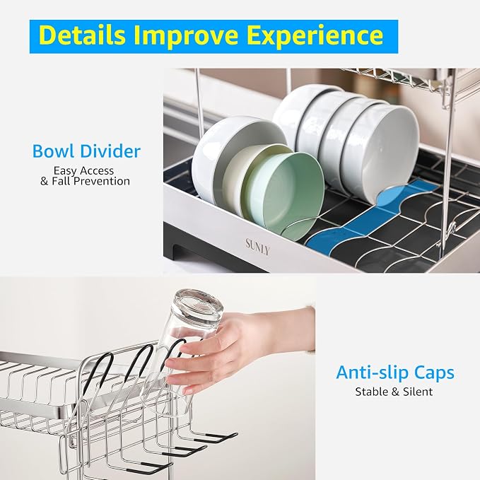 SUNLY 2 Tier Dish Drying Rack, Extra Large Dish Rack, 304 Stainless Steel - Image 7
