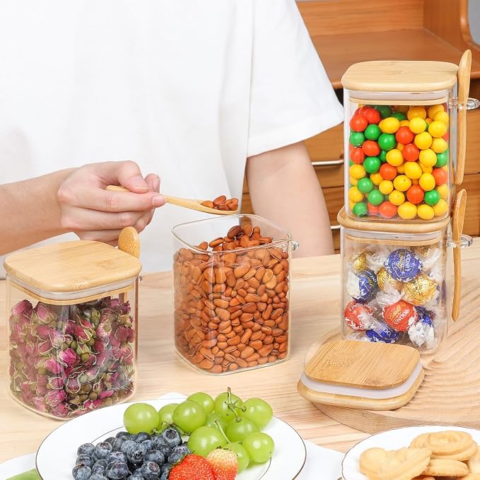 ComSaf 0.8 Qt Glass Jars with Bamboo Lids & Spoons Set of 4, Square Glass - Image 9