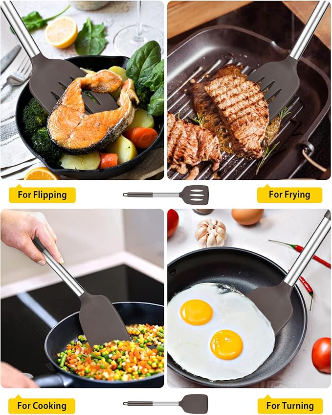 Pack of 2 Silicone Solid Turner, Non Stick Slotted Kitchen Spatulas, High Heat - Image 3