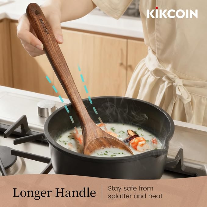 Kikcoin 7 PCS Durable Natural Teak Wooden Cooking Utensils Set, Non Toxic - Image 4