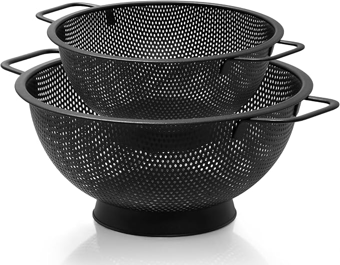 2PCS Black Colander for Kitchen, 3QT and 5QT, Stainless Steel Pasta Strainer by Kteniy