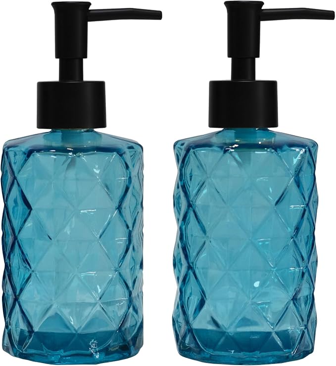 Blue Glass Soap Dispenser with Black Plastic Pump, 12oz Refillable Liquid Hand by YYTSGG