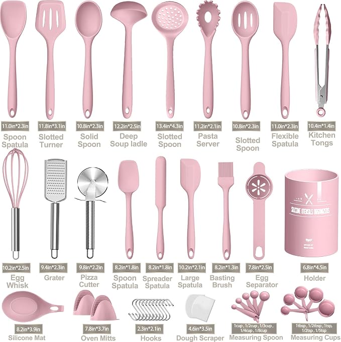Silicone Cooking Kitchen Utensil Set, AIKKIL 43 Pcs Pink Cooking Utensils Set - Image 2