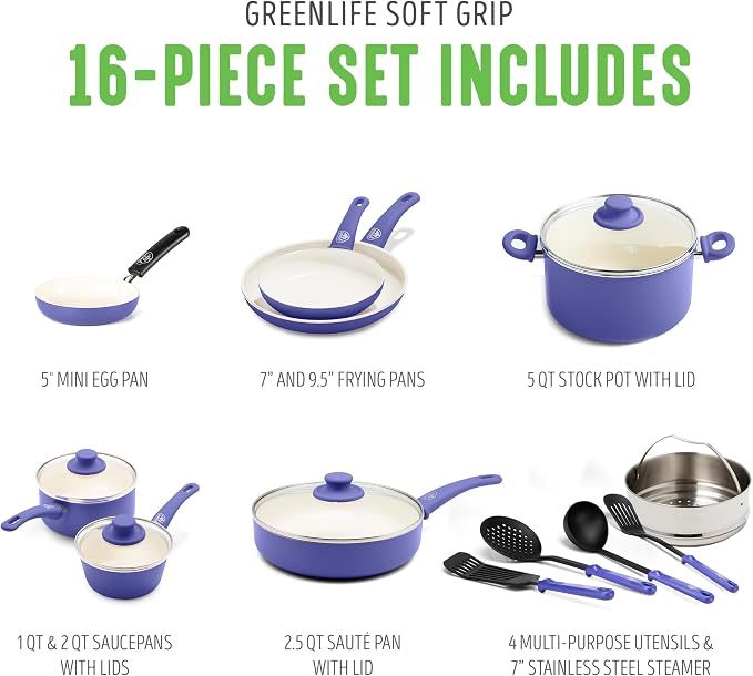 GreenLife 16 Piece Nonstick Cookware Set, Soft Grip Non-Toxic PFAS-Free Ceramic - Image 3