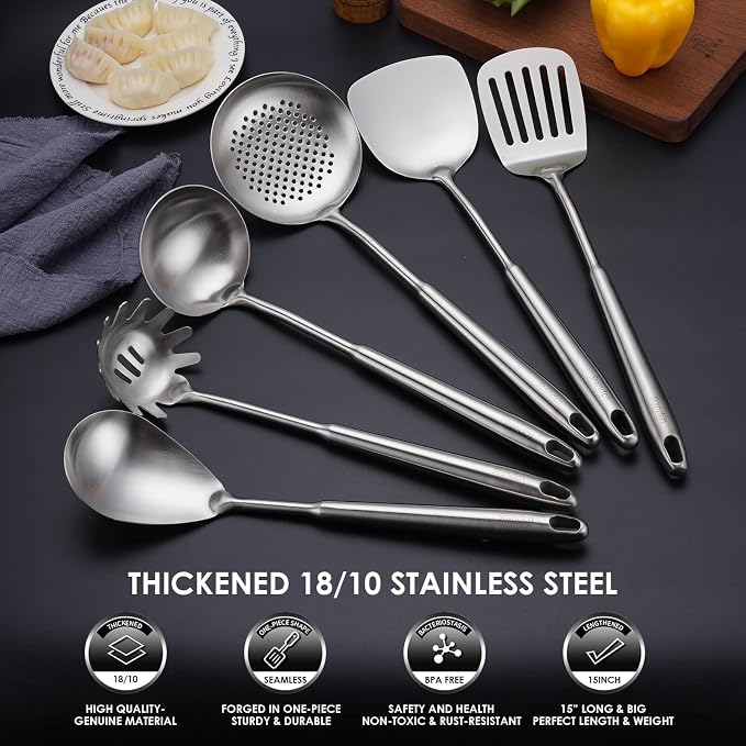 18/10 Stainless Steel Kitchen Utensils Set, Skimmer Spoon, Pasta Serve - Image 4