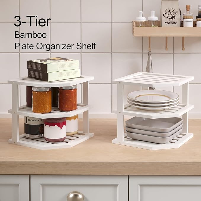 VERTORGAN 3 Tier Bamboo Corner Shelf, Dish Drying Rack, Plate Organizer - Image 4