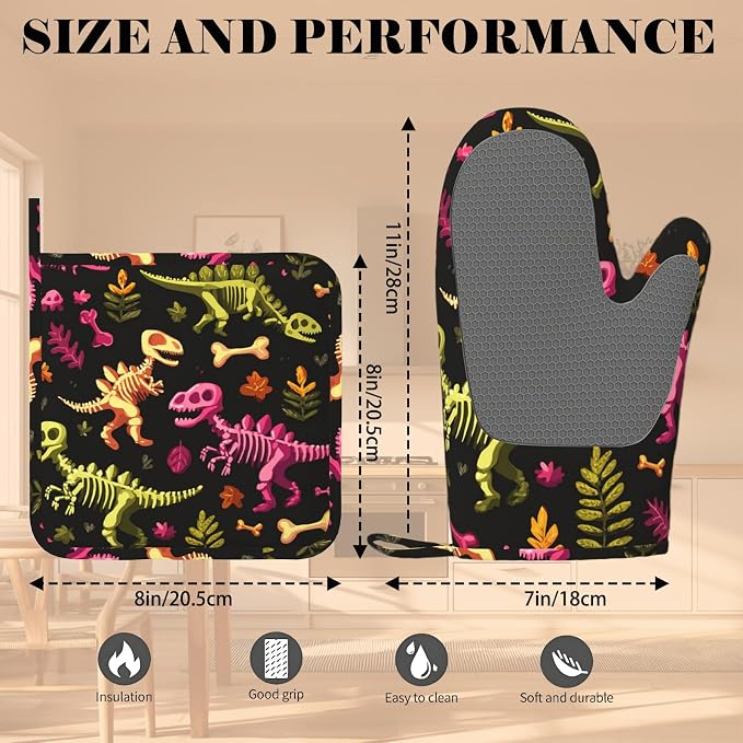 Dinosaur Skeleton Oven Mitts and Pot Holders Sets Non-Slip Silicone Surface - Image 3