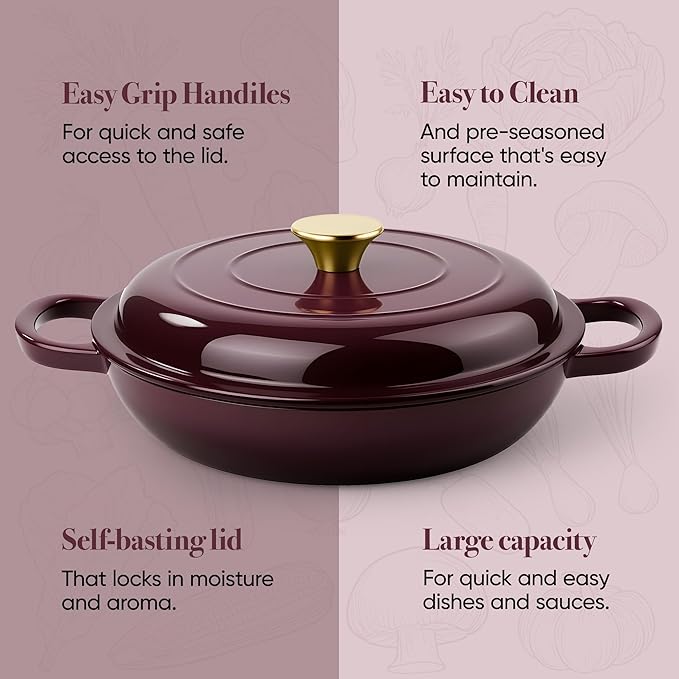 Vintage Style 3 Quart Enameled Cast Iron Braiser, Non Stick Enameled Cast Iron - Image 7