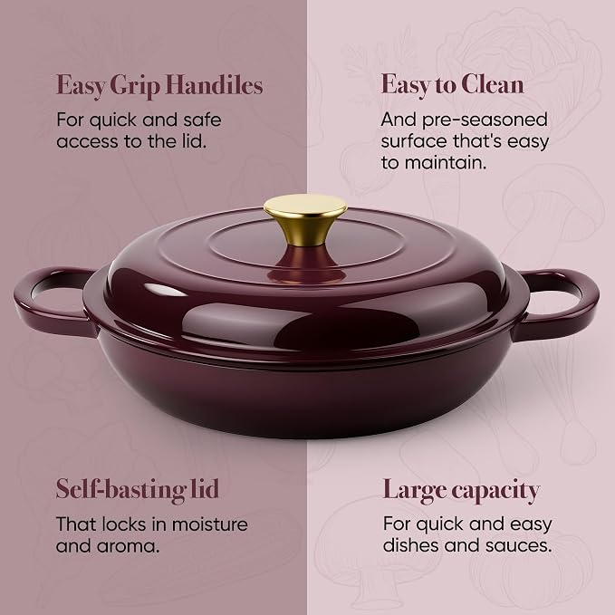3 Quart Enameled Cast Iron Braiser, Non Stick Enameled Cast Iron Skillet - Image 7