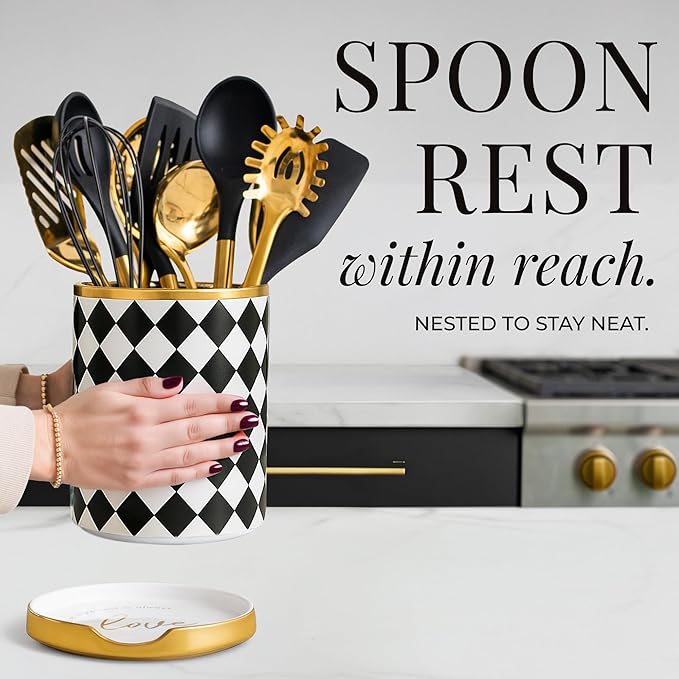 STYLED SETTINGS Black & White Checkered Utensil Holder Set – Large Ceramic - Image 3