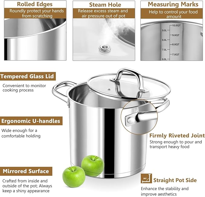 P&P CHEF 10 QT Stock Pot with Lid, Stainless Steel Large Cooking Pot, Soup - Image 3