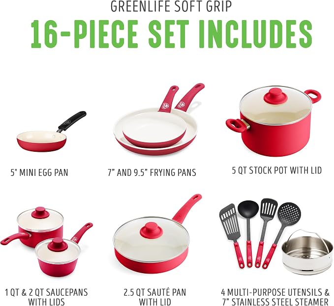 GreenLife 16 Piece Nonstick Cookware Set, Soft Grip Non-Toxic PFAS-Free Ceramic - Image 3
