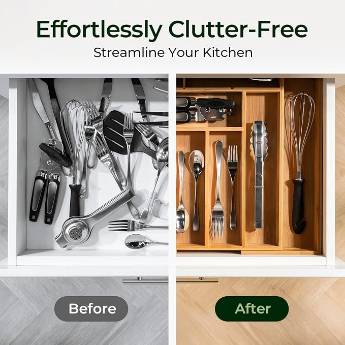 keechee Carbonized Bamboo Kitchen Drawer Organizer, 10 Slots Expandable - Image 8