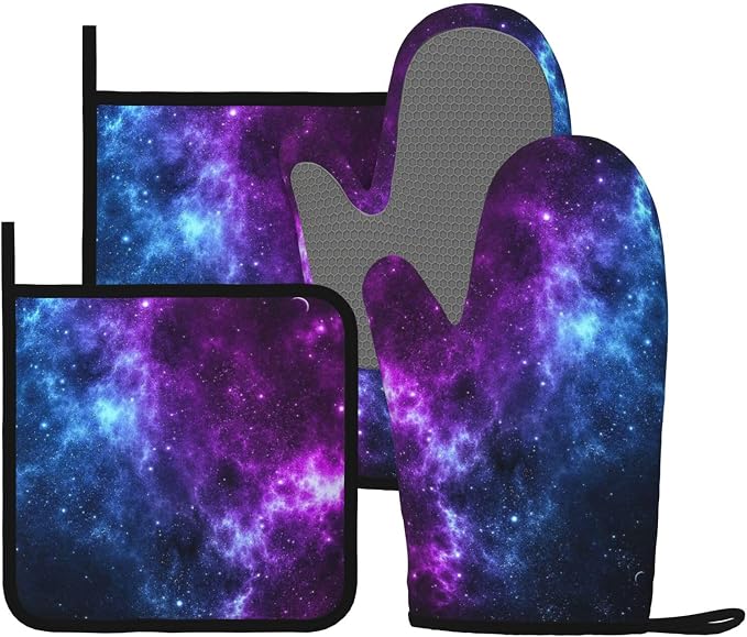 Cool Blue Purple Galaxy Oven Mitts and Pot Holders Sets of 4, Heat Resistant by Echoserein