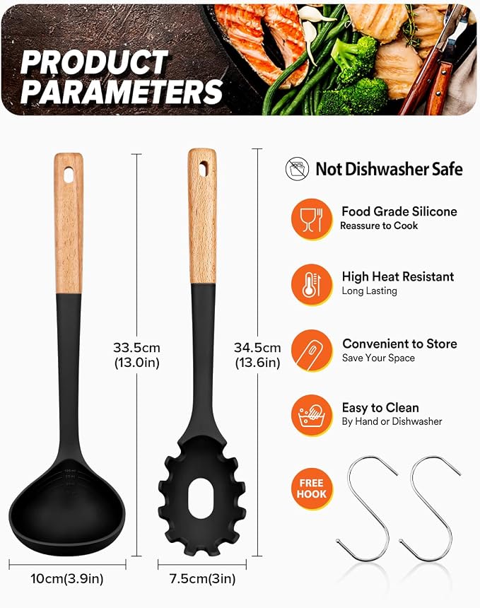 Pasta Fork and Ladle Set, and Sauce Pasta, BPA-Free Matte Silicone, Wood Handle - Image 2