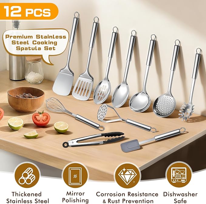 12 Pcs Stainless Steel Cooking Utensils Set, Metal Kitchen Tools Include - Image 3