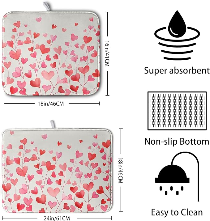 Valentines Pink Love Heart Dish Drying Mat Valentine Day Absorbent Microfiber - Image 2