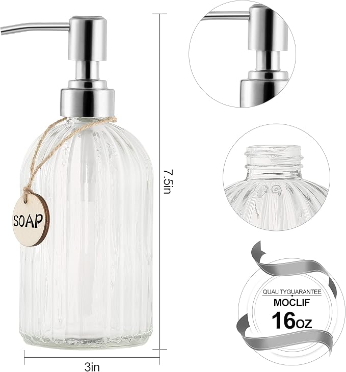 MOCLIF 16 OZ Soap Dispenser，Tempered Glass Clear Vertical Stripe - Image 2