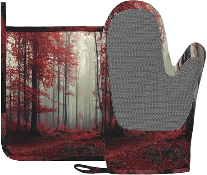 Forest Oven Mitts and Pot Holders Sets Red Trees Landscape Silicone Heat by Unknown