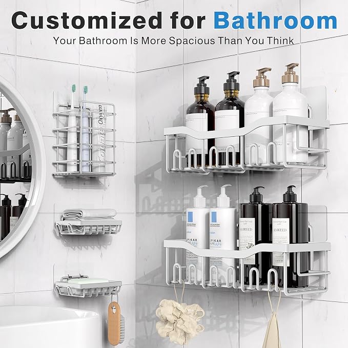 EUDELE 5-Pack Rustproof Stainless Steel Shower Caddy Set– No Drill Adhesive - Image 2