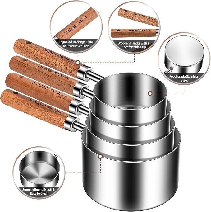 Stainless Steel Measuring Cups and Spoons Set of 8, Stackable Wooden Handle - Image 7