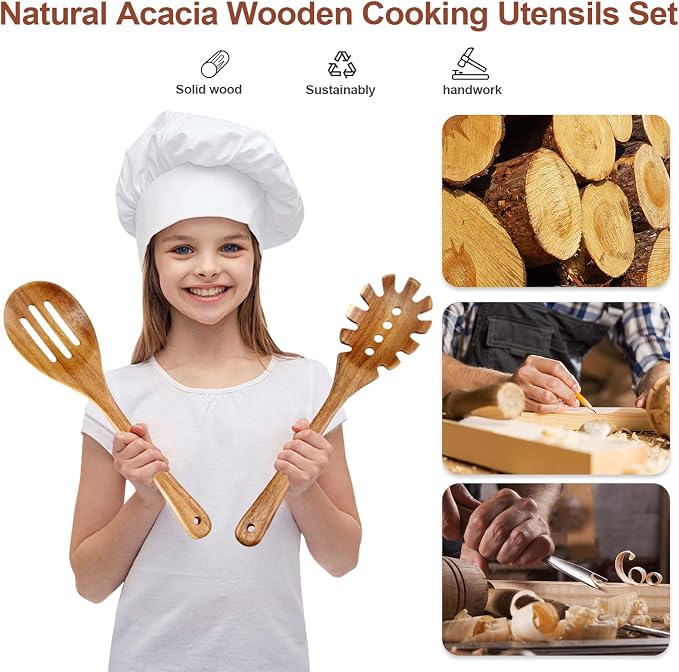 Wooden Cooking Utensils, 6 Pieces Natural Acacia Wooden Spoons - Image 8