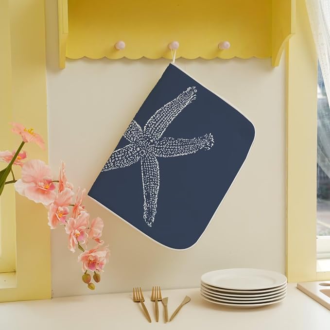 Coastal Beach Dish Drying Mat 18 x 24 inch, Summer Navy Blue Starfish - Image 5