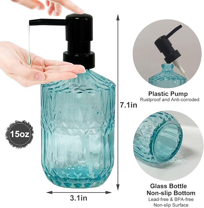 Blue Glass Soap Dispenser with Black Pump, 15oz Liquid Hand Dispenser, - Image 2