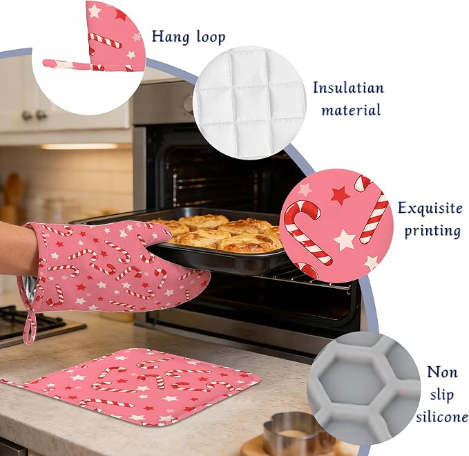Pink Christmas Candy Cane Pot Holders and Oven Mitts Set Silicone Stars Kitchen - Image 4